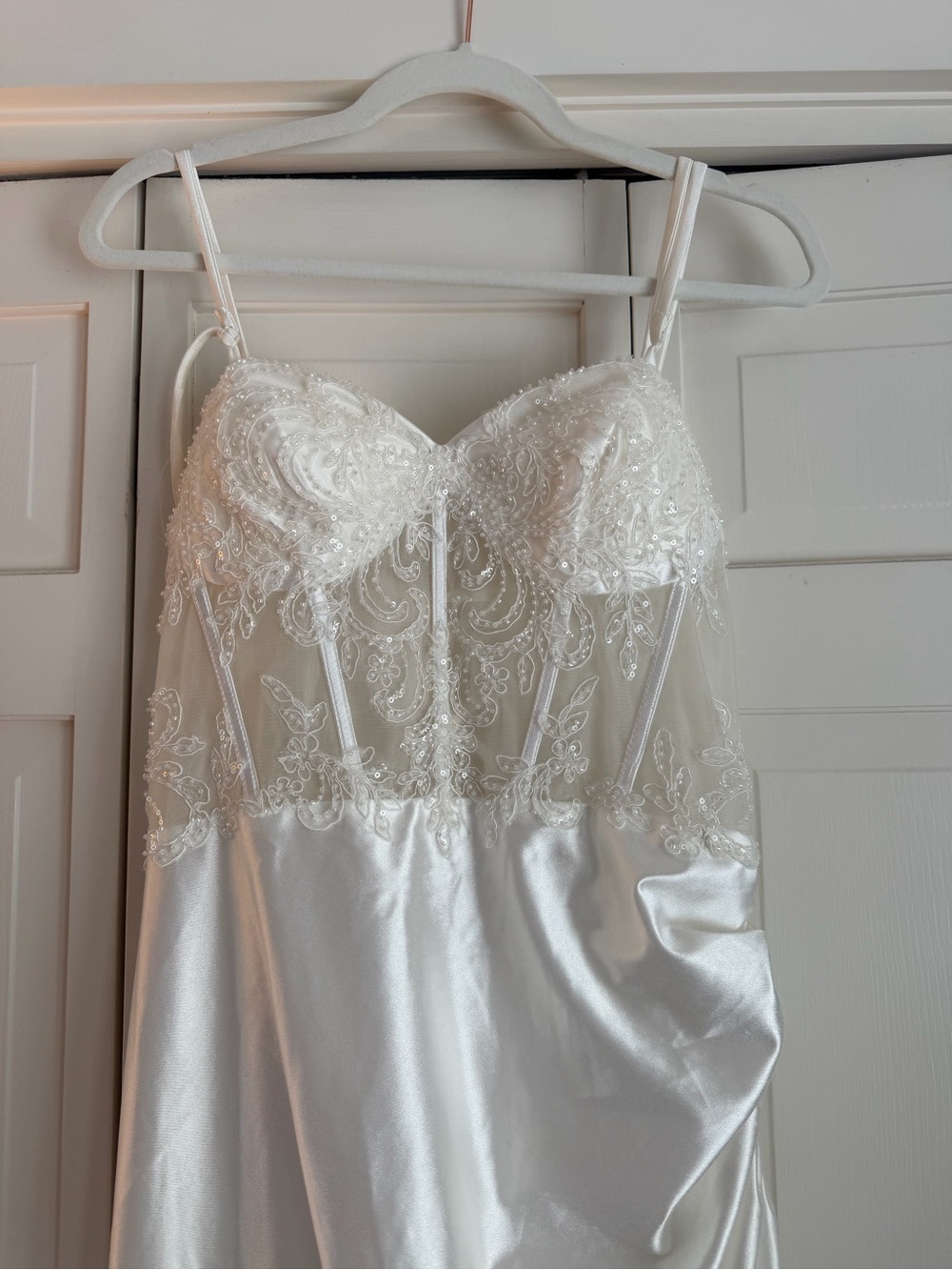 Lace-Embellished White Satin Wedding Dress